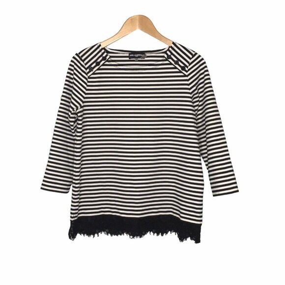 Karl Lagerfeld Shirt Women Small Nautical Buttons Black White Striped Lace Trim - Picture 1 of 14